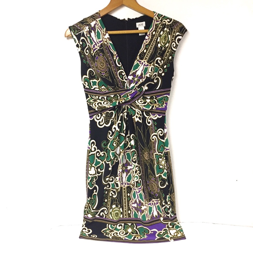 Cache Purple Green Print Sleeveless V Neck Dress 2